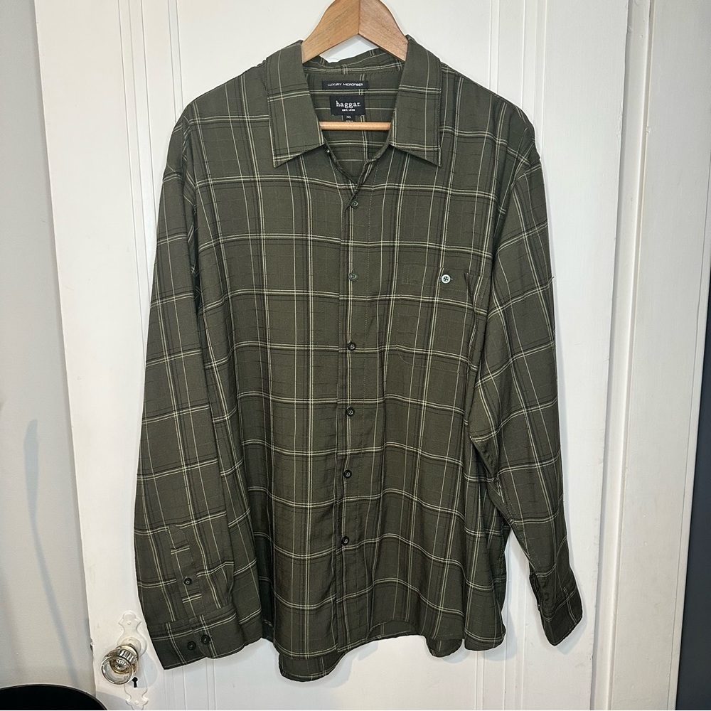 Haggar Men's Olive Plaid Button Down Shirt XXL
